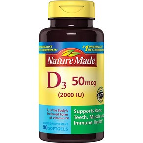 Natue Made Vitamin D3 2000 IU (50 mcg) Dietay S Natue Made 비타민 D3 2000 IU(50 mcg) 뼈 치아 근육 및 면, 무맛, 90개(2팩), 1개