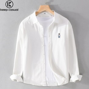 Keep Casual 남성 캐주얼 순면 긴팔 셔츠 심플 곰자수 트렌디 셔츠 남