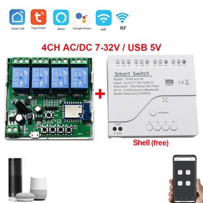 4CH Tuya 스마트 220V WIFI 모듈 원격 제어 USB 5V 12V 24V 85 250V RF 수신기 10A 릴레이 쉘 포함, 1개