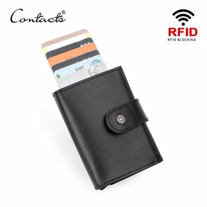 CONTACT'S 크레이지 호스 가죽 RFID 카드 홀더 남성 지갑 자동 팝업 ID 카드 케이스 남성 동전 지갑 돈 클립 알루미늄 박스