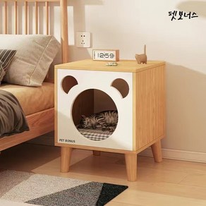 펫보너스 MDF 사이드 테이블형 고양이 숨숨집, 화이트+오크, 1개