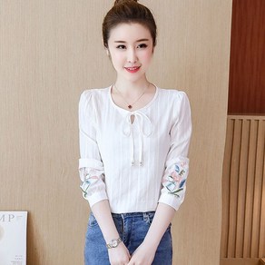 ROYALBELLE 여성 순면 루즈핏 플라워 자수 리본스트링넥 베이직 긴팔 블라우스 상의 V70914