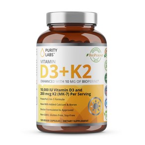 둘러바바 Puity Labs 비타민 D3 K2 10000 IU (250mcg) + 200mcg MK7 - Biopeine으로 강화된 면역 지원 보충제 일일 방어 뼈 근육 및, 120정, 1개