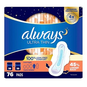 올웨이즈 울트라씬 오버나이트 패드 always Ulta Thin Advanced Ovenight Pads, 76개입, 76개입, 1개