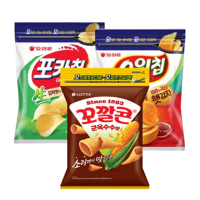 오리온 포카칩 어니언맛 스윙칩 지퍼백 롯데 꼬깔콘 군옥수수맛 각1개씩 대용량, 1세트, 745g