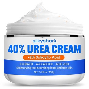 SilkyShak 우레아 크림 40% + 살리실산 2% 호호바 오일 아보카도 오일 및 알로에 베라가 함유된 풋 크림 발 건조하고 갈라진 뒤꿈치 무릎 팔꿈치 손 수리, 1개