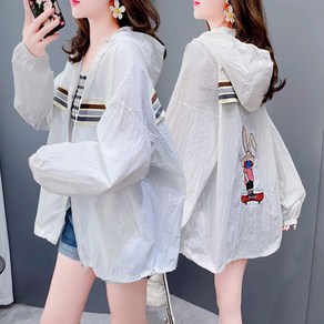 ROYALBELLE 여성 봄 자외선 차단 여름 가을 후드 방풍 자켓 스트라이프 디자인 지퍼 루즈핏 캐주얼 스타일 A0021724
