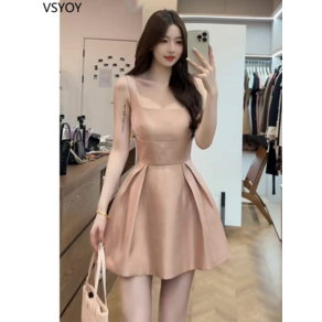 vsyoy 부드러운 핑크 광장 칼라 슬링 원피스 여름 스커트