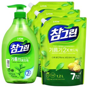 참그린 녹차 기름기 뽀드득 주방세제 용기 1kg 1개+리필 1.2L 3개