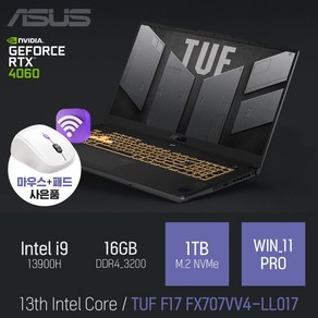 ASUS TUF Gaming F17 FX707VV4-LL017 [이벤트 한정특가 / 사은품증정], WIN11 Po, 16GB, 1TB, 코어i9, 그레이