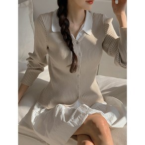 [리리앤코] 크렌브릿 골지 배색 카라넥 니트 가디건