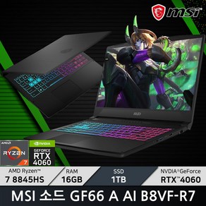 MSI 2024 GF시리즈 소드 GF66 A AI B8VF-R7 / +마우스증정, Fee DOS, 16GB, 1TB, 블랙