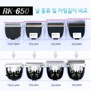 RK-650 및 RK-700 전용날 / 바리깡날 / 클리퍼날 / 날 : 기본날 1.9mm 7번날 3mm 5번날 6mm 4번날 9mm, 7번날 (3mm), 1개