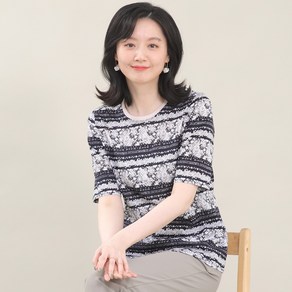 애비뉴투지 엄마옷 실켓 면 레이스형 나염 라운드 여성 여름 반팔 티셔츠 A05443