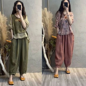 JUSTFEELING M-4XL 빅사이즈 중년여성 면마세트 배기핏 오버핏 배색라인 7부소매 셔츠 + 와이드 팬츠 4050대 엄마 상하세트 투피스