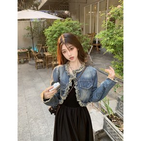 웨일쓰 여성 빈티지 크롭 프린지 데님자켓 워싱 청자켓