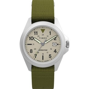 Timex 유니 익스페디션 필드 36mm 시계 그린 스트랩 다이얼 실버톤 케이스 내추럴 캐주얼