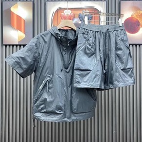 남성 여름 아노락 반팔 바람막이 세트 아웃도어 투피스 캐주얼 트렌디 상하의 경량 바지 후드 티셔츠 세트업