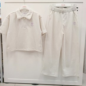 [소이주니어]논현점 24년여름신상 ** 초여름용 살짝 두께감 있어요 ** 5부 오트밀 반오픈 카라티 9부 와이드 바지 셋트