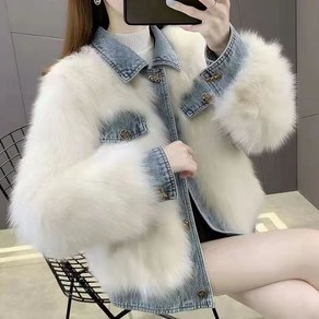 가을 겨울 여성 골든 버튼 카라넥 밍크털 모피 데님 자켓 두툼 퍼 청자켓 청재킷 코트 아우터