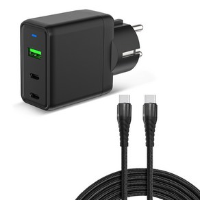 KLIFE GaN 65W 초고속 PD3.0 PPS 멀티 충전기 접지 3포트+100W C타입 고속 케이블, 블랙, 1개