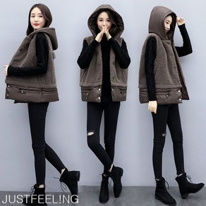 JUSTFEEL!NG 와이드핏 여성 후드 단추 민소매 양털 조끼 보온 후리스 뽀글이 베스트 캐주얼 M-3XL