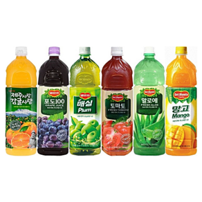 [한번에먹자] 델몬트 1.5L 대용량 과즙음료 6종 혼합세트 제주감귤 + 포도 + 매실 + 토마토 + 알로에 + 망고 가정용 사무실 업소용 당구장 노래방 탕비실, 1세트