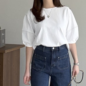[행복여] 파인드 스티치 벌룬 퍼프 소매 반팔 티셔츠