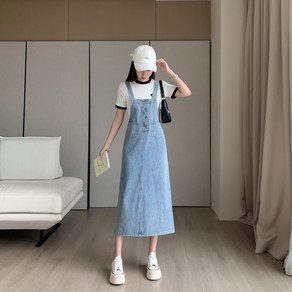 SAHINER 여름 여성 루즈핏 롱스커트 연청 멜빵 데님 힙업원피스 LWAQZ19