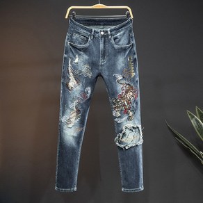 남성용 자수 데님 스판 슬림 타이거 자수 라이더 청바지 Men's jeans 뉴타임즈 C341K702