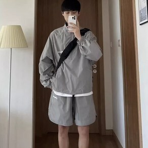 FANSYLI 여름 얇은 아웃도어 트레이닝복 세트 남성 긴팔 집업상의+트레이닝 반바지 2종 세트 커플 바람막이 세트 X2503M31