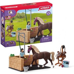 Schleich Hose Club — 말과 라이더 피규어가 있는 19피스 승마장 말 놀이 세트 움직이는 회전 호스 암이 세탁소 5세 이상의 소녀와 소년을 위한 장난감, Cuent Box