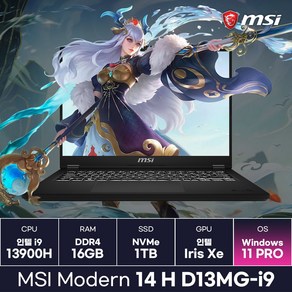 MSI 모던14 H D13MG-i9 인텔 i9 13세대 2024 최신모델 PD충전 초경량노트북 (Win11) / ICDI