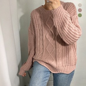뜨개진 여성용 루즈핏 도톰 꽈배기 스칼럽 보에타라운드 니트