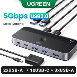 UGREEN USB KVM 스위치 USB 3.0 스위치 KVM 스위치 PC용 키보드 마우스 프린트 2 대 PC 4 개 장치 공유 USB 스위치, Metal USB 3.0 Black, Metal USB 3.0 Black, 1개