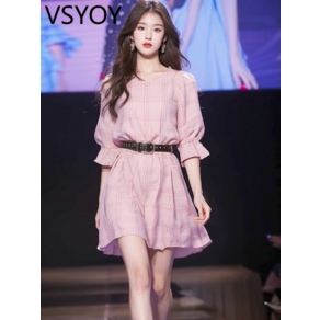 vsyoy 프랑스 차 브레이크 우아한 슈퍼 잘 생긴 핑크 격자 무늬 원피스 이른 봄 새로운 아름다운 작은 치마 하이 엔드