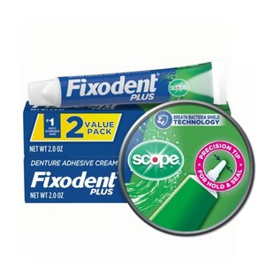 Fixodent Food Seal Plus Scope 틀니 접착 크림 트윈 팩 59ml(포장은 다양한 모양일 수 있음) 미국 486705, 플러스 스코프, 1개, 59ml