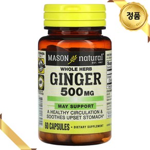 Mason Natural 생강 500mg 60 캡슐 진저 허브 글루텐프리