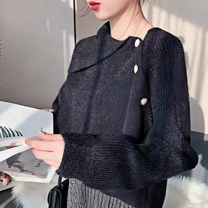 ROYALBELLE 여성 빅카라 디자인 언밸런스 스웨터 단색 반버튼 트렌디 밍크 니트티 Y01129019