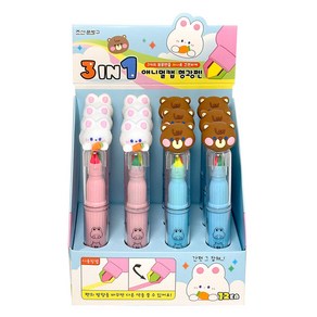 3in1 애니멀 캡 형광펜 12개(박스) 데코펜 학생 어린이 새학기 필기구 단체 선물, 1세트