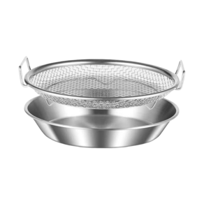 304스텐 원형 트레이 주방 그릴 튀김기름 조절판 핸들형 채반 접시, 1세트, 스텐 트레이 + 망사 채반