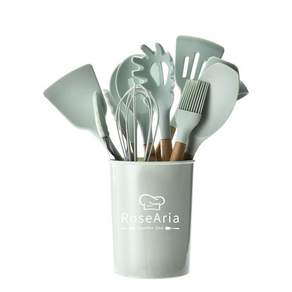 Rosearia 실리콘 나무 손잡이 주방 조리도구 12종 세트 수납통 포함, Green