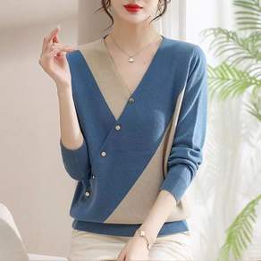 COSYEVNO 중년 엄마 긴팔 톱 가을 라운드넥 자수 브이넥 배색 스타일리쉬한 루즈핏 캐주얼 숏 버튼 니트 CXJzzs-08