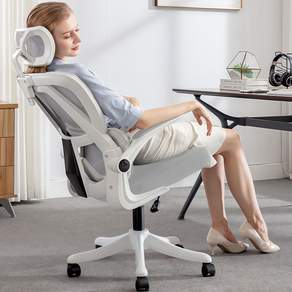 누울 수 있음 사무용 의자 편안한 등받이 허리 보호 컴퓨터 메쉬 의자, 화이트+그레이