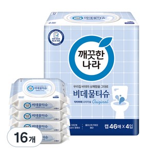 깨끗한나라 비데물티슈 닥터비데 오리지널 화장실용 캡형, 55g, 46매, 16개