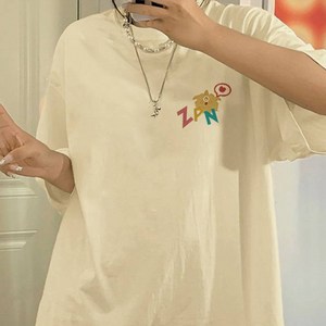 메이첼 여성용 통기성 스리 몬스터 두들 루즈핏 라운드넥 티셔츠 02588