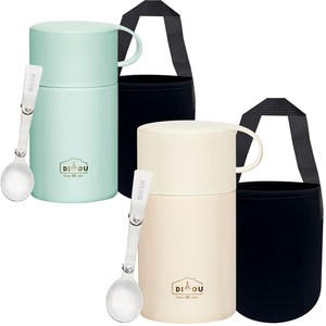 DIYOU 스텐 보온 도시락 죽통 600ml 2p + 스텐스윙 스푼 2p + 전용 파우치 2p 세트, 민트, 아이보리, 1세트