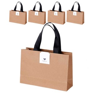 인디케이 리본 쇼핑백 소 5p + 마감 스티커 5p 세트, 크라프트, 1세트