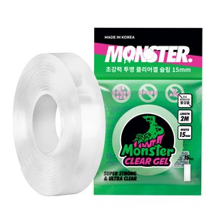 몬스터 클리어 겔 슬림 폭 좁은 초강력 나노 실리콘 양면테이프 15mm x 2m, 1개, 투명