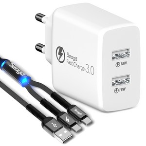 서가 36W 퀵차지 QC3.0 2포트 멀티 USB 고속 충전기 + 메탈 C타입 2in1 멀티 고속 케이블 1.2m 세트, 화이트(충전기), 다크그레이(케이블), 1세트